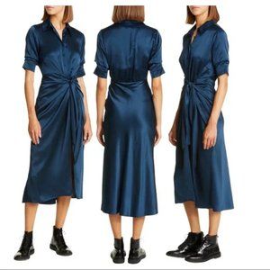 Cinq à Sept Jacey Tie Waist Silk Shirtdress Size 8 Peacock Blue